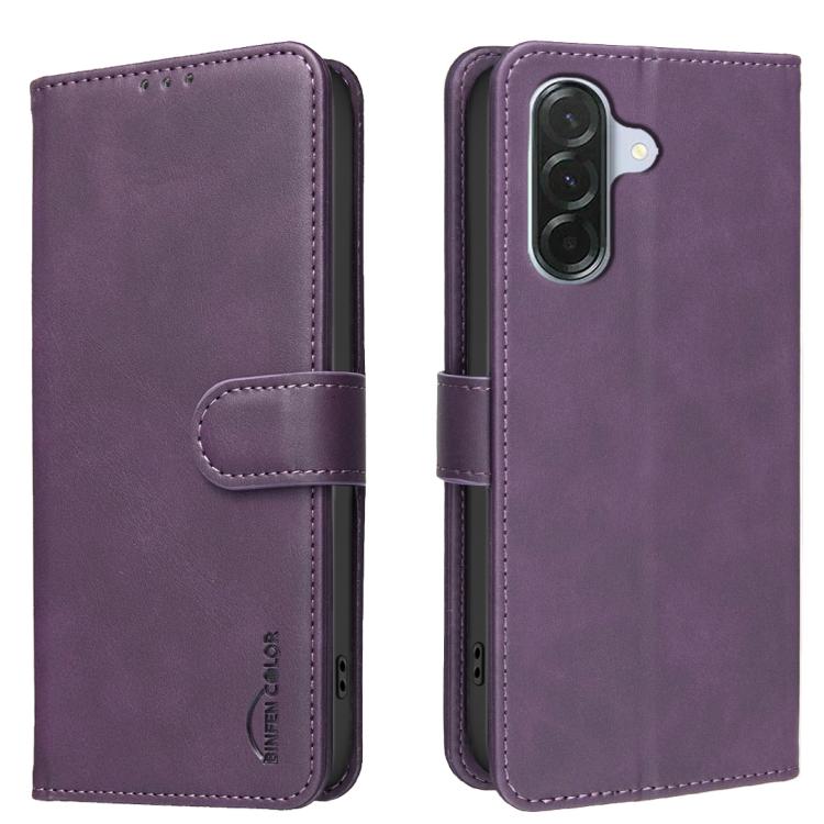 

For Samsung Galaxy S23 FE 5G Solid Color Calfskin Texture RFID Vegan Leather Phone Case(Purple)