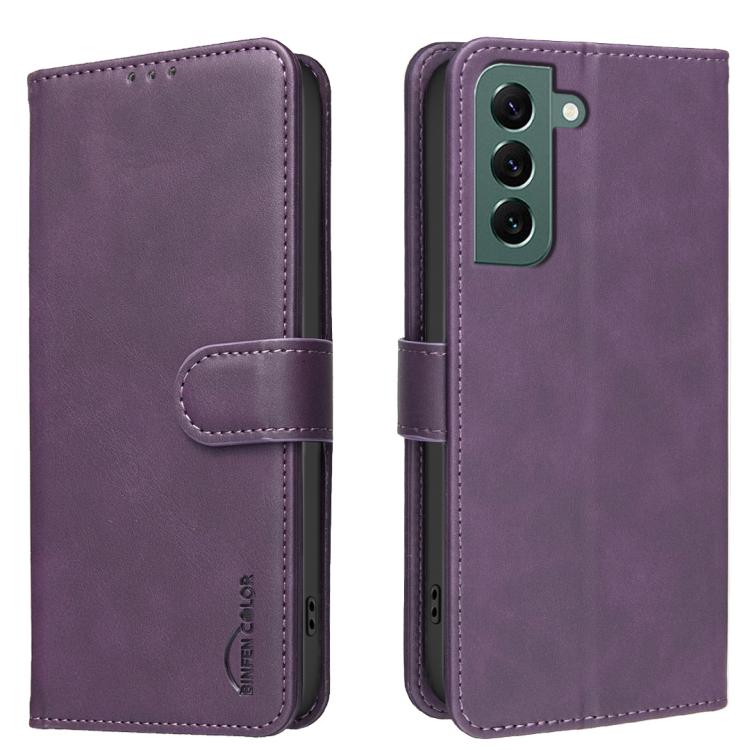 

For Samsung Galaxy S23 5G Solid Color Calfskin Texture RFID Vegan Leather Phone Case(Purple)