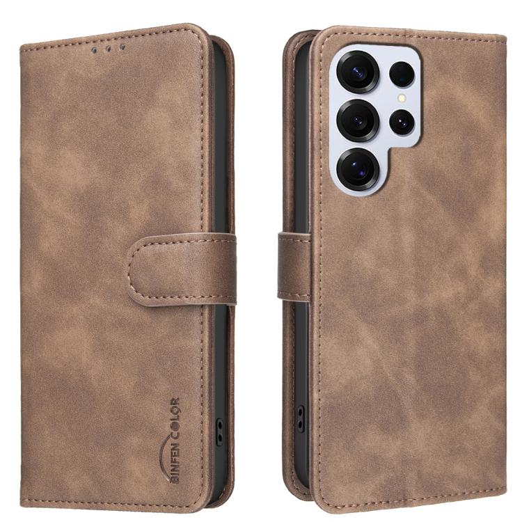 

For Samsung Galaxy S24 Ultra 5G Solid Color Calfskin Texture RFID Vegan Leather Phone Case(Brown)