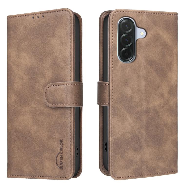 

For Samsung Galaxy S25 FE 5G Solid Color Calfskin Texture RFID Vegan Leather Phone Case(Brown)