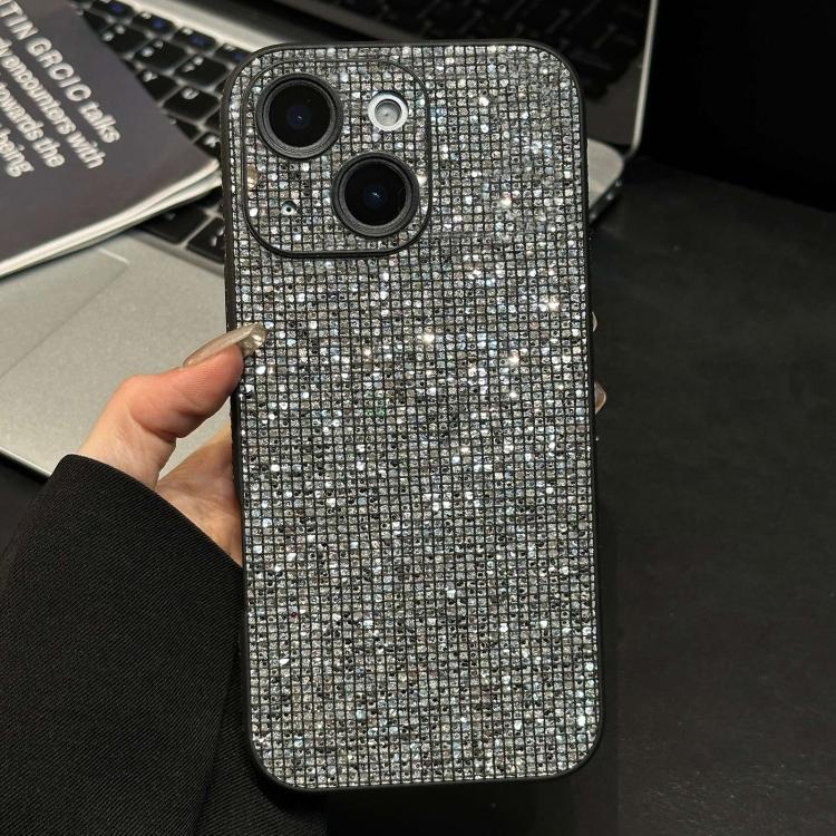 For iPhone 15 Acrylic Rhinestone Full Coverage Phone Case(Silver Grey)