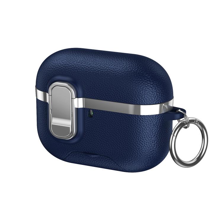 

For AirPods Pro Hidden Stand Electroplated Vegan Leather Texture Wireless Earphones Protective Case(Blue)