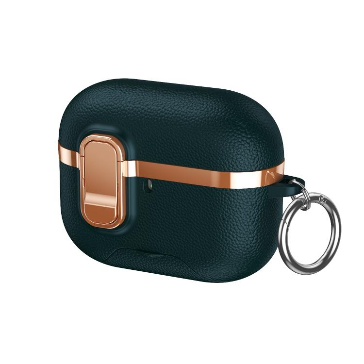 

For AirPods Pro Hidden Stand Electroplated Vegan Leather Texture Wireless Earphones Protective Case(Dark Green)