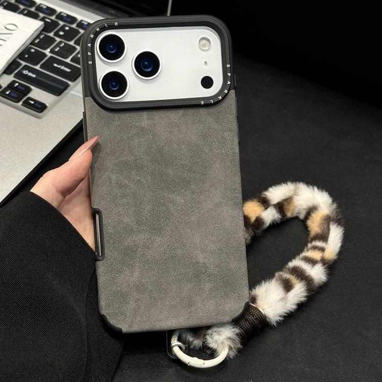 For iPhone 17 Pro Faux Suede Fabric TPU Phone Case with Screen-printed Rabbit Plush Rope(Grey)