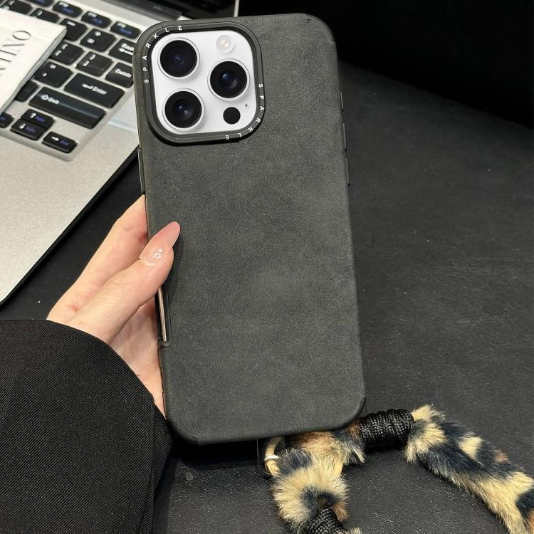 

For iPhone 16 Pro Max Faux Suede Fabric TPU Phone Case with Screen-printed Rabbit Plush Rope(Black)