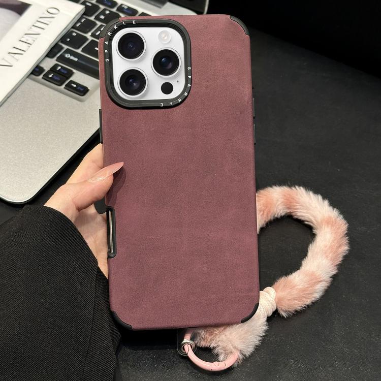 

For iPhone 16 Pro Faux Suede Fabric TPU Phone Case with Screen-printed Rabbit Plush Rope(Red)