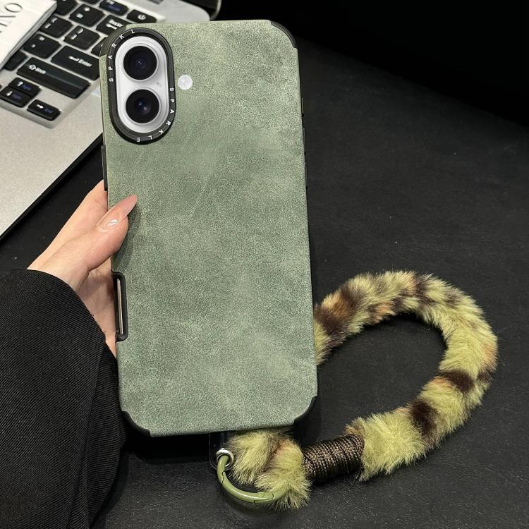 

For iPhone 16 Faux Suede Fabric TPU Phone Case with Screen-printed Rabbit Plush Rope(Green)