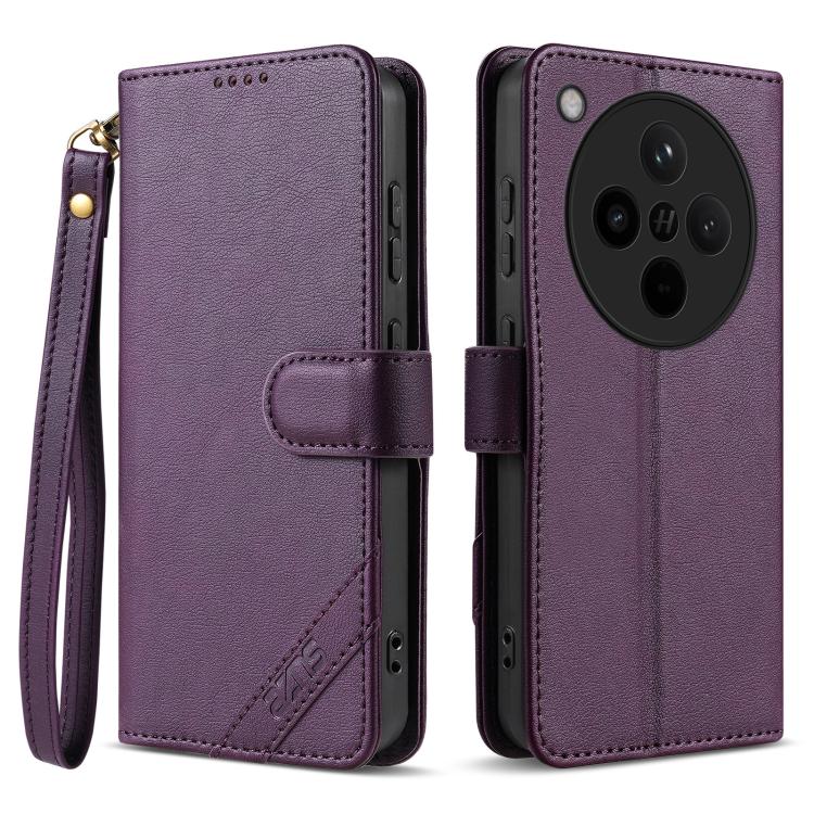 For OPPO Find X8 AZNS A2 Series Tri-Card Wallet RFID Vegan Leather Phone Case with Strap(Purple)