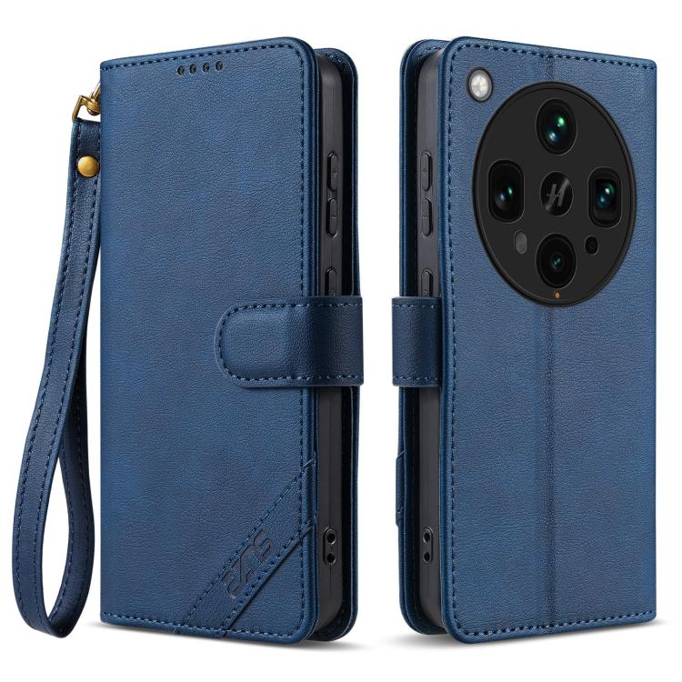 For OPPO Find X8 Ultra AZNS A2 Series Tri-Card Wallet RFID Vegan Leather Phone Case with Strap(Blue)