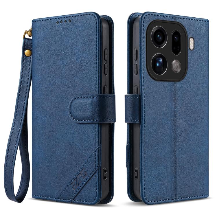 For OPPO Find X9 Pro AZNS A2 Series Tri-Card Wallet RFID Vegan Leather Phone Case with Strap(Blue)