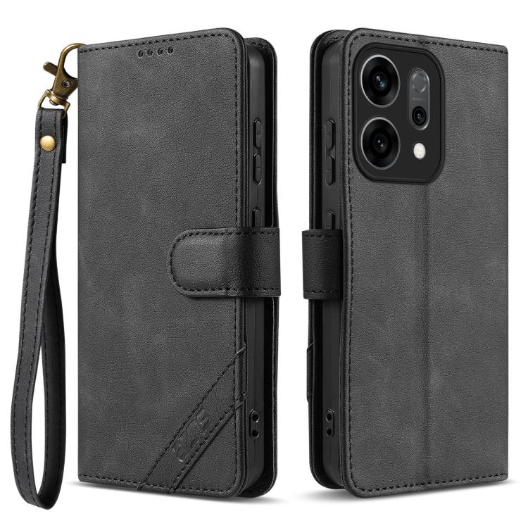 For OPPO Reno14 5G Global AZNS A2 Series Tri-Card Wallet RFID Vegan Leather Phone Case with Strap(Black)