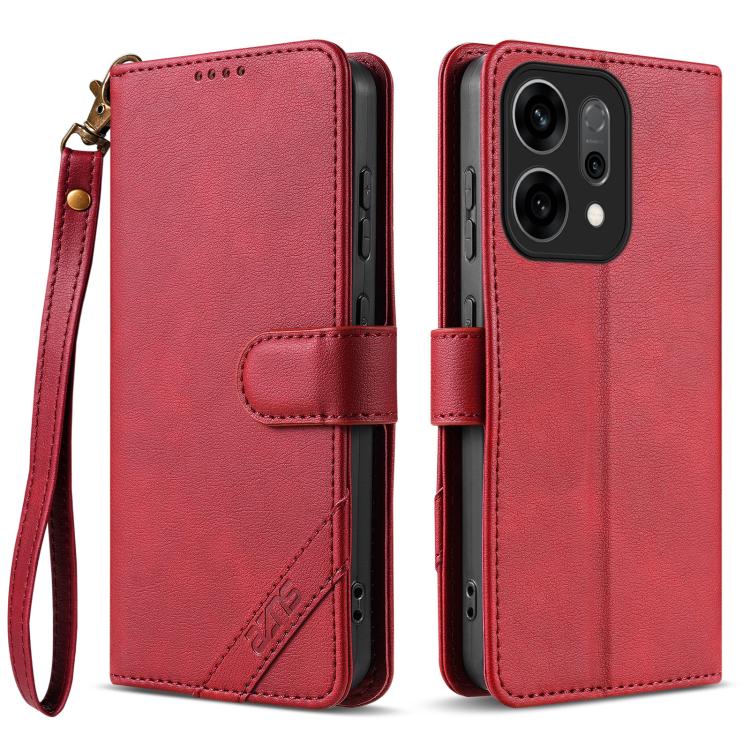 For OPPO Reno14 Pro 5G Global AZNS A2 Series Tri-Card Wallet RFID Vegan Leather Phone Case with Strap(Red)