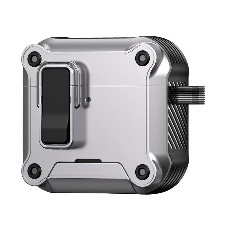 For AirPods 4 Safety Buckle Magnetic Auto Pop-Up Earphones Protective Case With Holder(Black Silver)