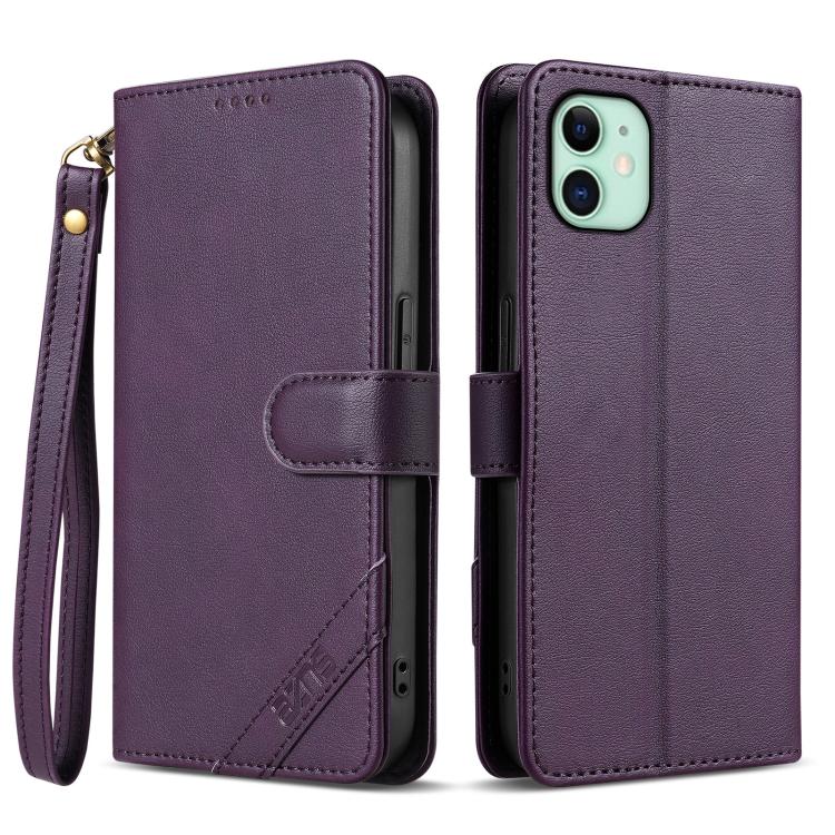 

For iPhone 11 AZNS A2 Series Tri-Card Wallet RFID Vegan Leather Phone Case with Strap(Purple)