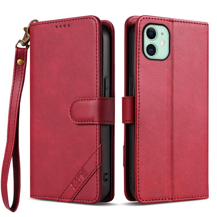 For iPhone 11 AZNS A2 Series Tri-Card Wallet RFID Vegan Leather Phone Case with Strap(Red)