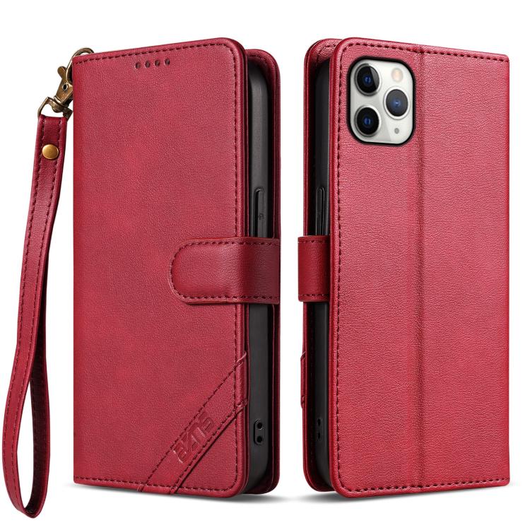 

For iPhone 11 Pro AZNS A2 Series Tri-Card Wallet RFID Vegan Leather Phone Case with Strap(Red)