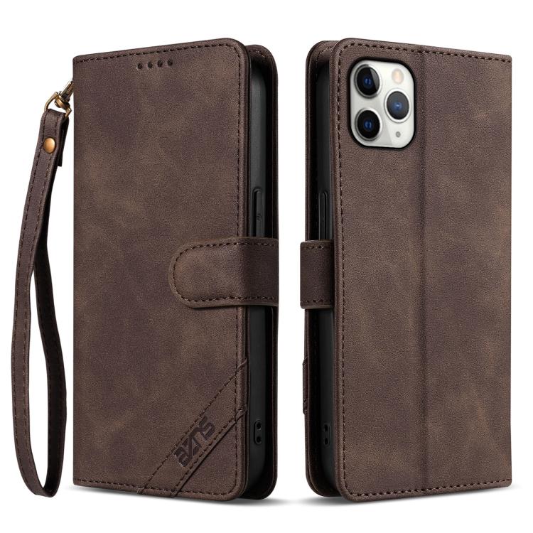 

For iPhone 11 Pro Max AZNS A2 Series Tri-Card Wallet RFID Vegan Leather Phone Case with Strap(Brown)