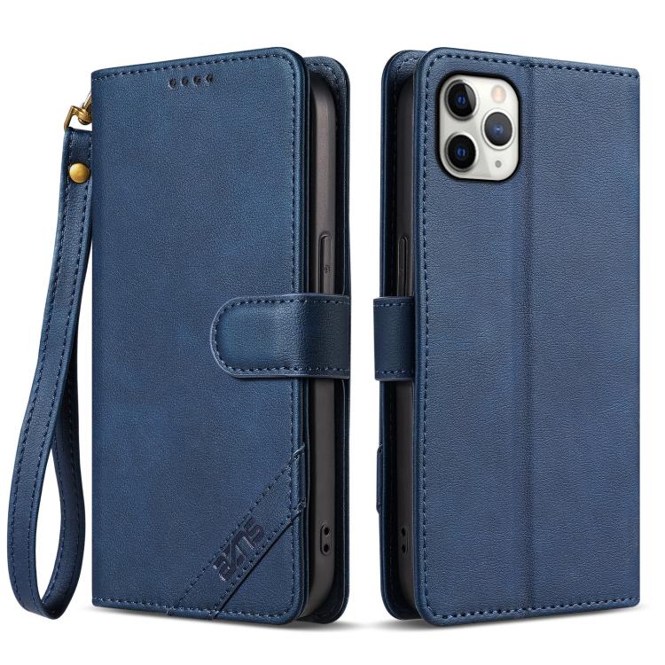 For iPhone 11 Pro Max AZNS A2 Series Tri-Card Wallet RFID Vegan Leather Phone Case with Strap(Blue)