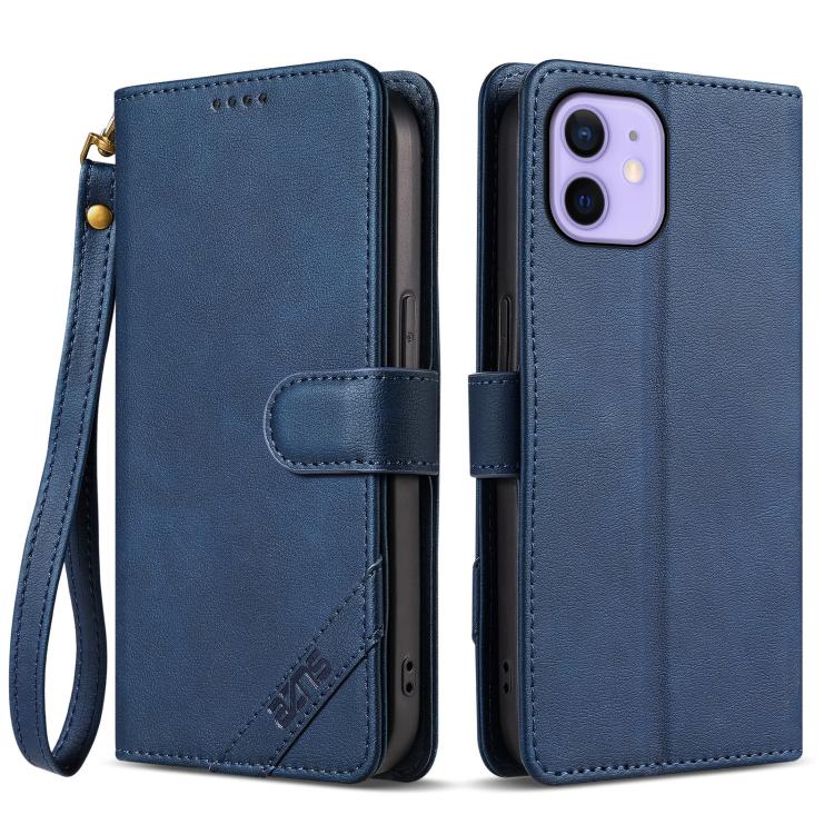 

For iPhone 12 AZNS A2 Series Tri-Card Wallet RFID Vegan Leather Phone Case with Strap(Blue)