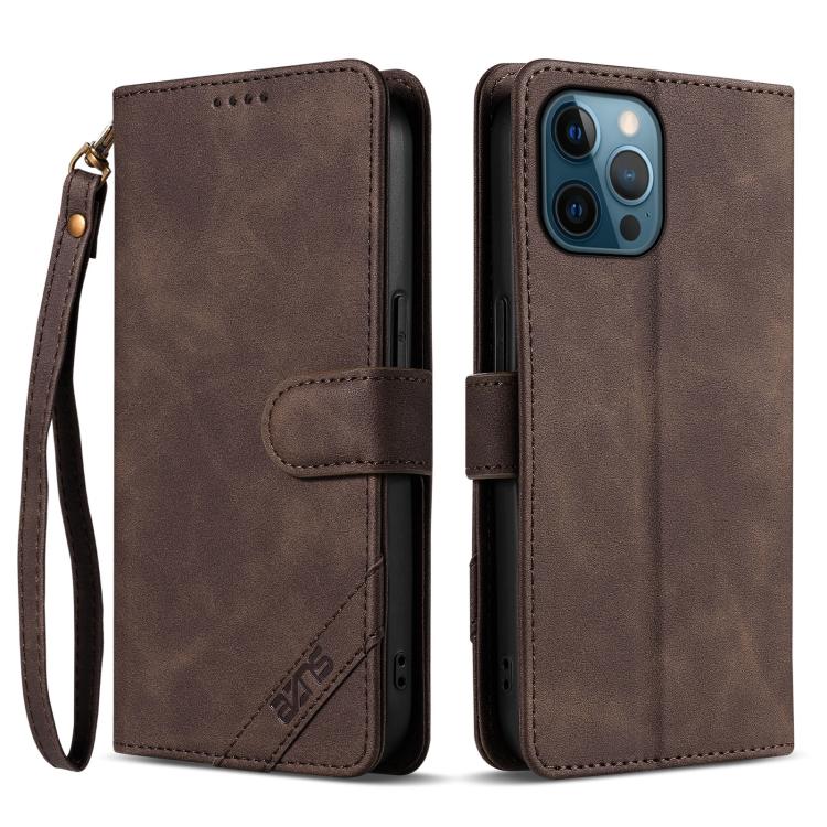 For iPhone 12 Pro AZNS A2 Series Tri-Card Wallet RFID Vegan Leather Phone Case with Strap(Brown)