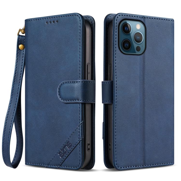 

For iPhone 12 Pro Max AZNS A2 Series Tri-Card Wallet RFID Vegan Leather Phone Case with Strap(Blue)