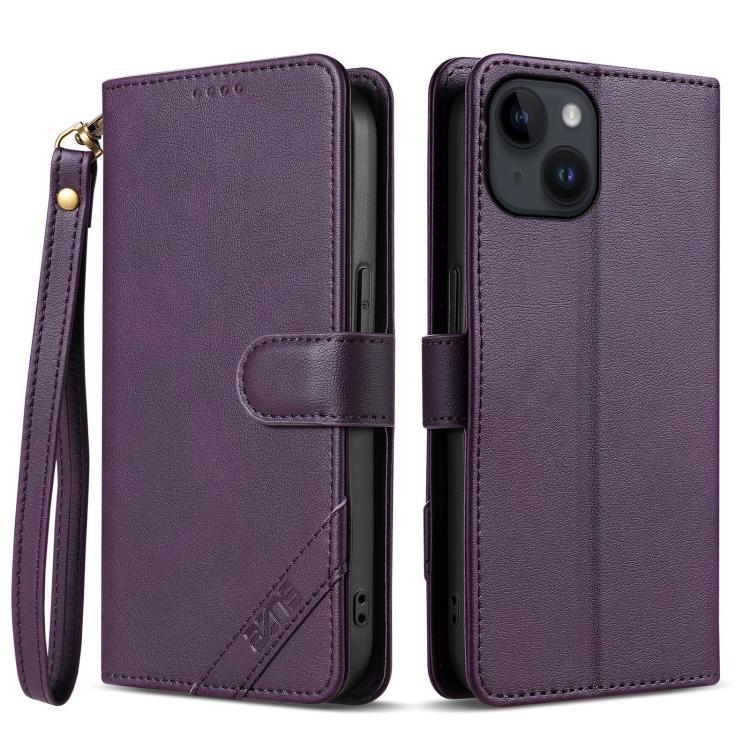 For iPhone 13 AZNS A2 Series Tri-Card Wallet RFID Vegan Leather Phone Case with Strap(Purple)