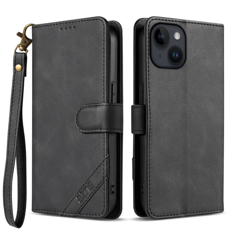 

For iPhone 14 AZNS A2 Series Tri-Card Wallet RFID Vegan Leather Phone Case with Strap(Black)