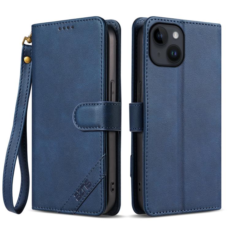

For iPhone 14 Plus AZNS A2 Series Tri-Card Wallet RFID Vegan Leather Phone Case with Strap(Blue)