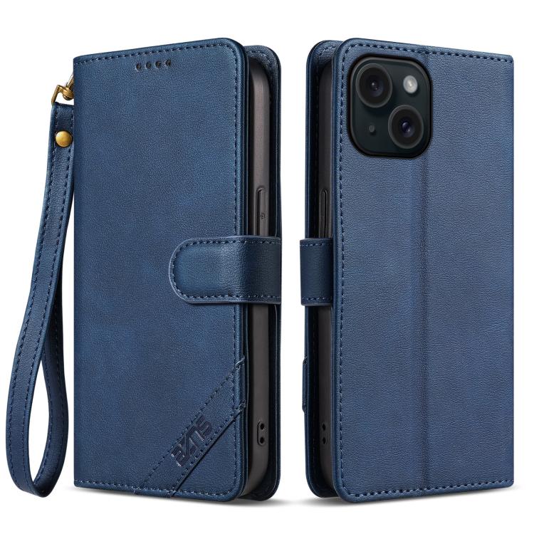 

For iPhone 15 AZNS A2 Series Tri-Card Wallet RFID Vegan Leather Phone Case with Strap(Blue)