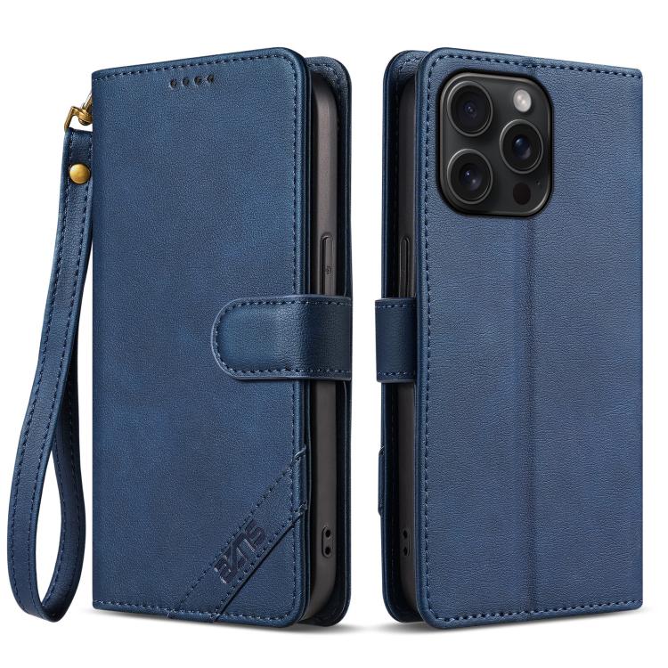 

For iPhone 15 Pro AZNS A2 Series Tri-Card Wallet RFID Vegan Leather Phone Case with Strap(Blue)