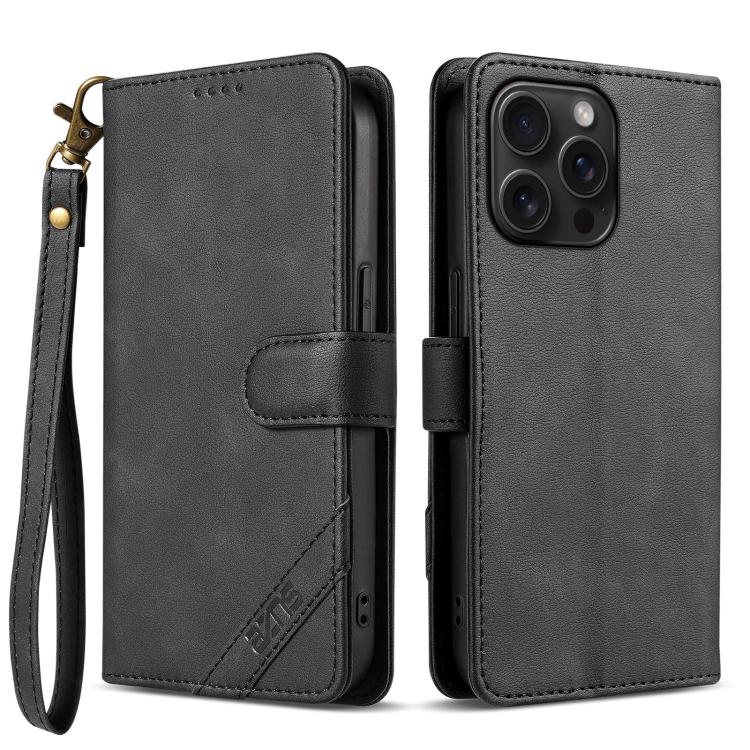 

For iPhone 15 Pro Max AZNS A2 Series Tri-Card Wallet RFID Vegan Leather Phone Case with Strap(Black)