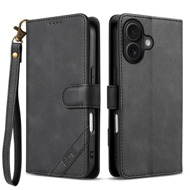 For iPhone 16 Plus AZNS A2 Series Tri-Card Wallet RFID Vegan Leather Phone Case with Strap(Black)