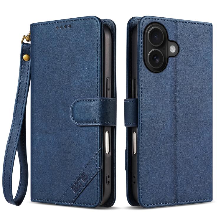 

For iPhone 16 Plus AZNS A2 Series Tri-Card Wallet RFID Vegan Leather Phone Case with Strap(Blue)