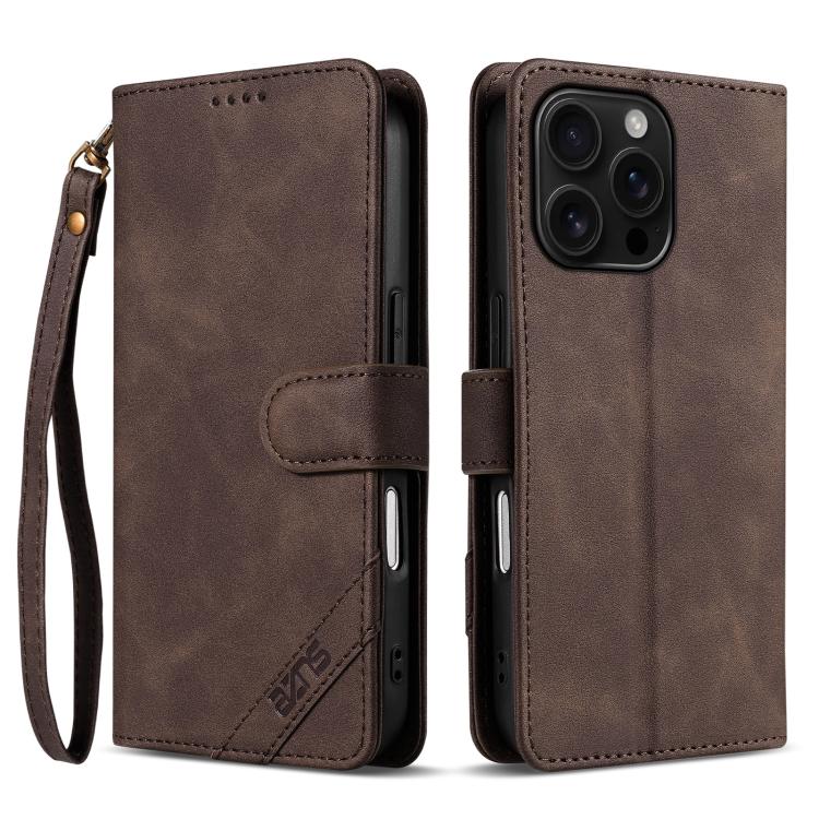 

For iPhone 16 Pro AZNS A2 Series Tri-Card Wallet RFID Vegan Leather Phone Case with Strap(Brown)