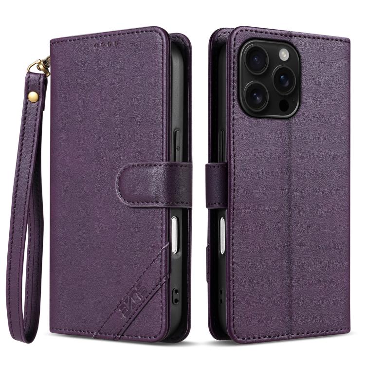 

For iPhone 16 Pro AZNS A2 Series Tri-Card Wallet RFID Vegan Leather Phone Case with Strap(Purple)