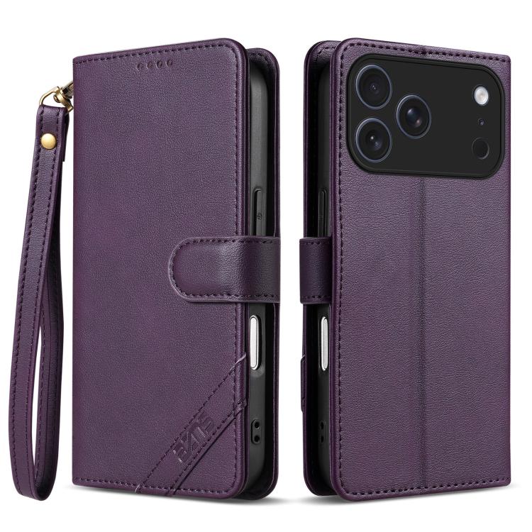 

For iPhone 17 Pro AZNS A2 Series Tri-Card Wallet RFID Vegan Leather Phone Case with Strap(Purple)