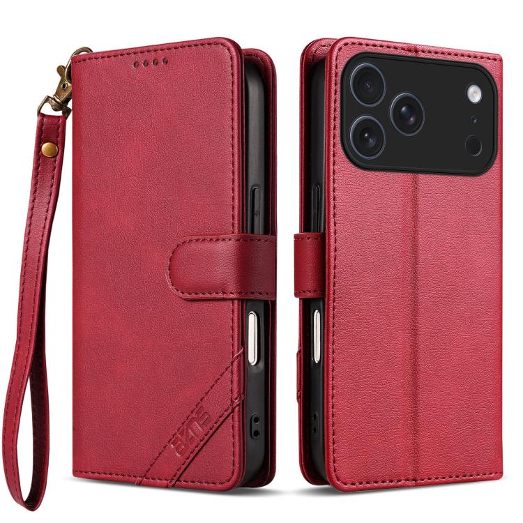 

For iPhone 17 Pro Max AZNS A2 Series Tri-Card Wallet RFID Vegan Leather Phone Case with Strap(Red)