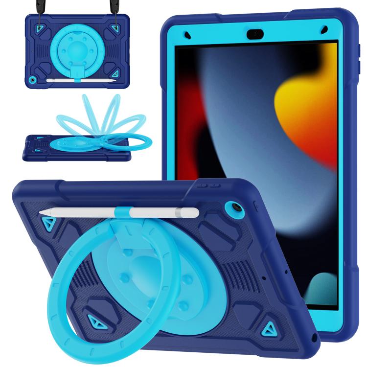 For iPad 10.2 2021 / 2020 / 2019 Space Planet Ring Holder Silicone Hydric PC Tablet Case with Shoulder Strap(Navy Blue Blue)