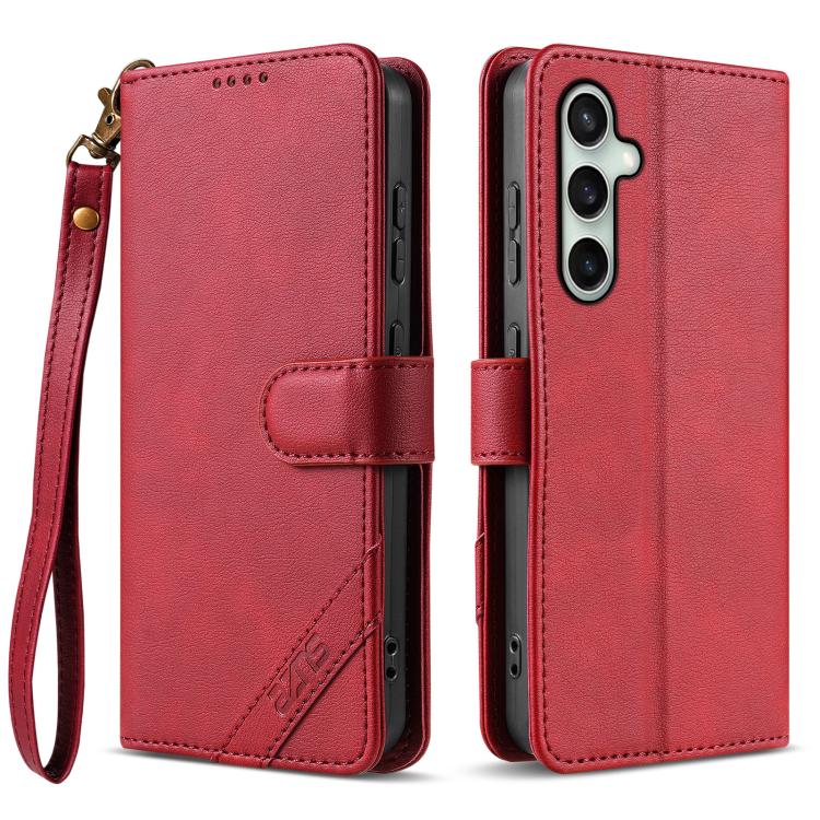 

For Samsung Galaxy S24 FE 5G AZNS A2 Series Tri-Card Wallet RFID Vegan Leather Phone Case with Strap(Red)