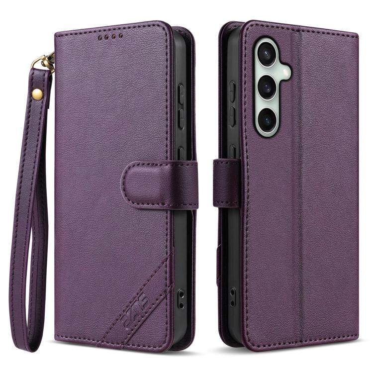

For Samsung Galaxy S24 5G AZNS A2 Series Tri-Card Wallet RFID Vegan Leather Phone Case with Strap(Purple)