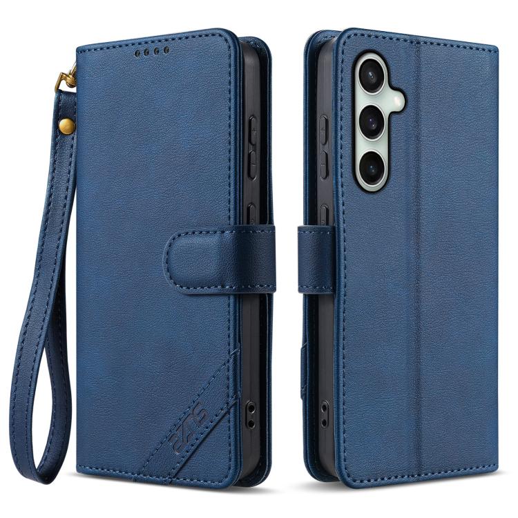 

For Samsung Galaxy S24+ 5G AZNS A2 Series Tri-Card Wallet RFID Vegan Leather Phone Case with Strap(Blue)
