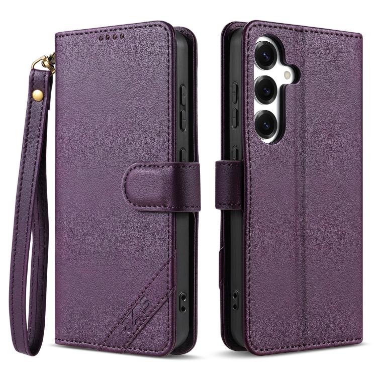 

For Samsung Galaxy S25+ 5G AZNS A2 Series Tri-Card Wallet RFID Vegan Leather Phone Case with Strap(Purple)