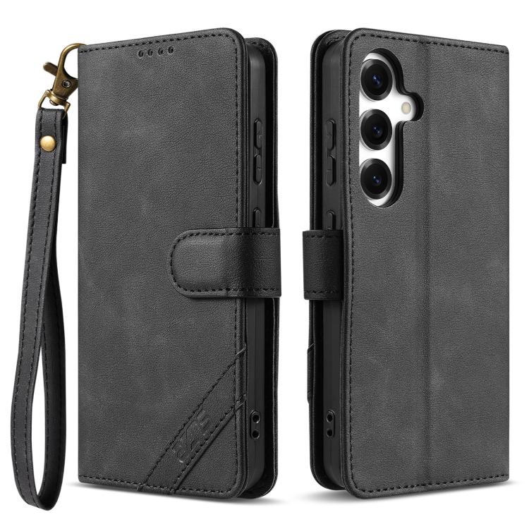 

For Samsung Galaxy S25 5G AZNS A2 Series Tri-Card Wallet RFID Vegan Leather Phone Case with Strap(Black)