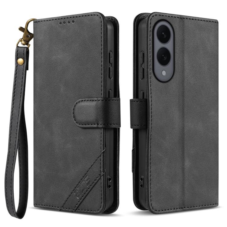 

For Samsung Galaxy S25 Edge 5G AZNS A2 Series Tri-Card Wallet RFID Vegan Leather Phone Case with Strap(Black)