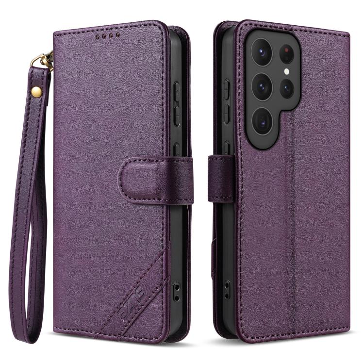 

For Samsung Galaxy S25 Ultra 5G AZNS A2 Series Tri-Card Wallet RFID Vegan Leather Phone Case with Strap(Purple)