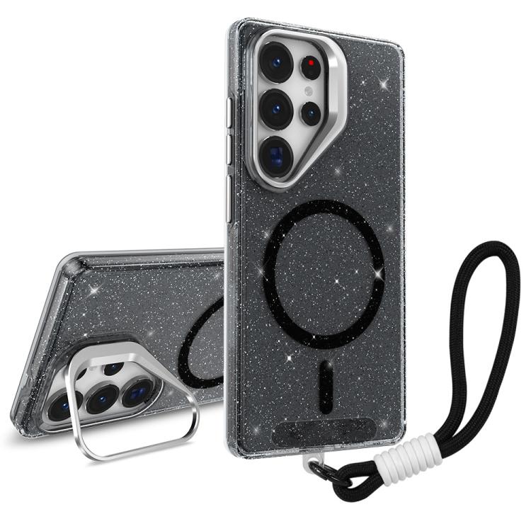 

For Samsung Galaxy S22 Ultra 5G Camera Bracket Glitter Magnetic Phone Case with Lanyard(Black)