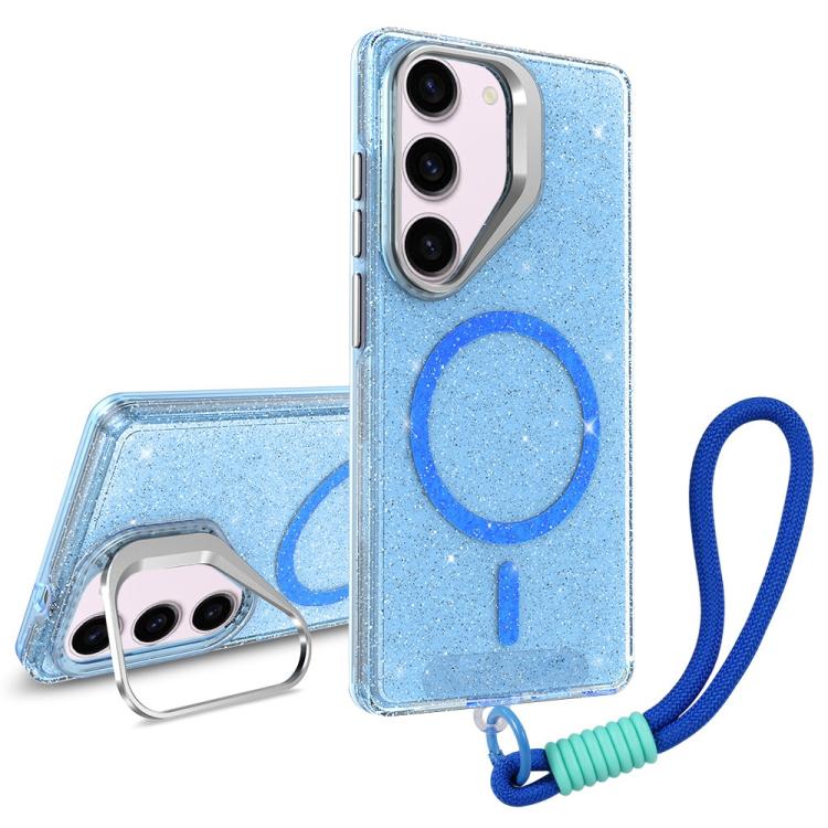

For Samsung Galaxy S23 5G Camera Bracket Glitter Magnetic Phone Case with Lanyard(Blue)