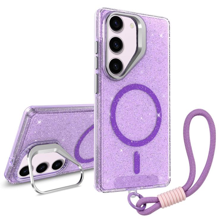 

For Samsung Galaxy S23 5G Camera Bracket Glitter Magnetic Phone Case with Lanyard(Purple)
