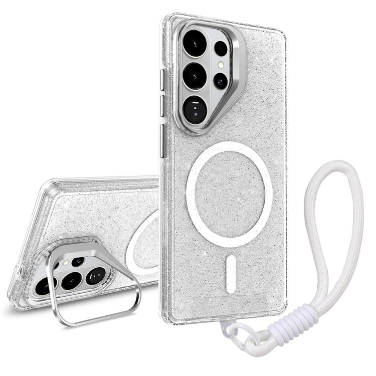 

For Samsung Galaxy S23 FE 5G Camera Bracket Glitter Magnetic Phone Case with Lanyard(White)