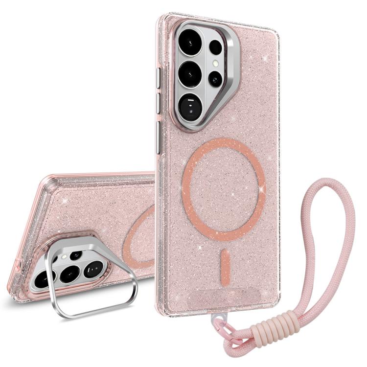 

For Samsung Galaxy S23 FE 5G Camera Bracket Glitter Magnetic Phone Case with Lanyard(Pink)